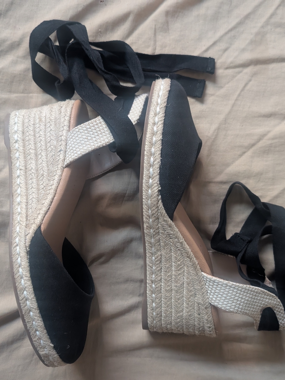 Kelly & Katie Black Espadrille Wedge Sandals with Wrap Ties